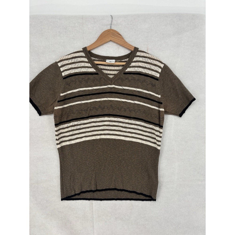 Columbia Women's XL V-Neck Sweater Sh/SL Cotton Blend Knit Striped Vintage